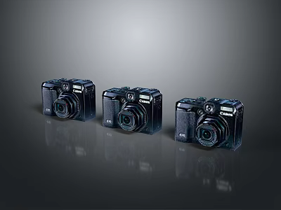 Three Black Cameras Arranged In A Row With Gray Gradient Background And Reflection 3d model