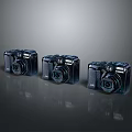 Three Black Cameras Arranged In A Row With Gray Gradient Background And Reflection 3d model