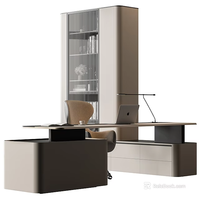 Modern Office Desk With Laptop Desk Lamp Ergonomic Chair Glass Door Bookshelf And Drawer Cabinet 3d model 