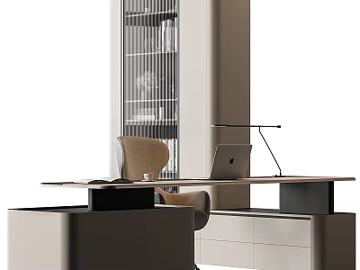 Modern Office Desk With Laptop Desk Lamp Ergonomic Chair Glass Door Bookshelf And Drawer Cabinet 3d model