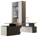Modern Office Desk With Laptop Desk Lamp Ergonomic Chair Glass Door Bookshelf And Drawer Cabinet