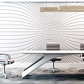 Modern Office Desk Setup With Wavy Line Wall Two Gray Chairs And White Table Lamp
