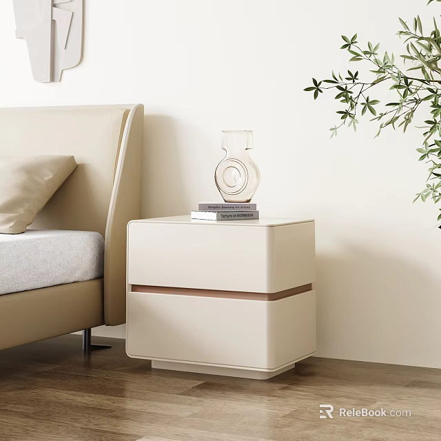 Modern Minimalist Cream White Bedside Table With Books And Glass Vase By Bed 3d model 