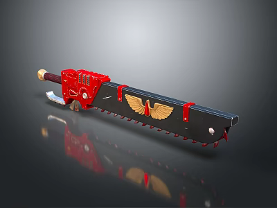 Red And Black Ornate Weapon With Golden Wing Accents And Serrated Blade 3d model