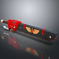 Red And Black Ornate Weapon With Golden Wing Accents And Serrated Blade