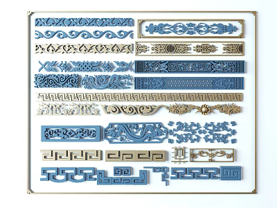 Blue And Gold Intricate Decorative Carvings With Various Ornate Design Elements 3d model