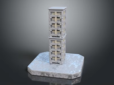 Cartoon Multi Story Building on Snowy Textured Platform with Balconies and Gray Exterior 3d model