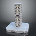 Cartoon Multi Story Building on Snowy Textured Platform with Balconies and Gray Exterior