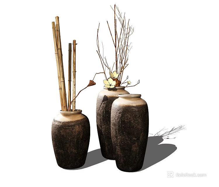 Terracotta Vases With White Blooms Slender Branches And Bamboo Sticks For Home Decoration 3d model 
