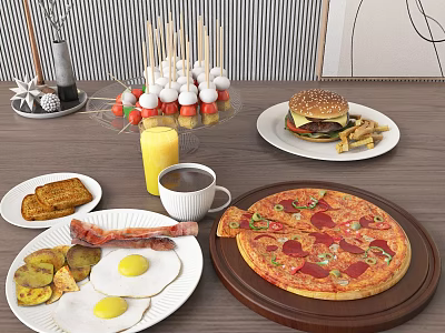 Delicious Assorted Food Spread With Pizza Hamburger Fried Eggs Bacon And Fruit Skewers 3d model
