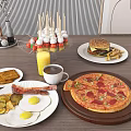 Delicious Assorted Food Spread With Pizza Hamburger Fried Eggs Bacon And Fruit Skewers
