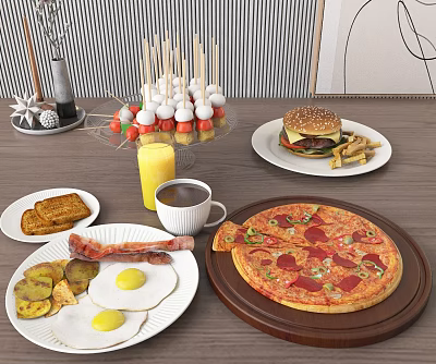 Delicious Assorted Food Spread With Pizza Hamburger Fried Eggs Bacon And Fruit Skewers 3d model