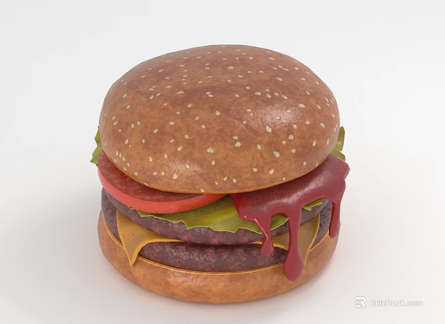 Delicious Hamburger With Sesame Seed Bun Tomato Lettuce Cheese And Dripping Sauce 3d model 