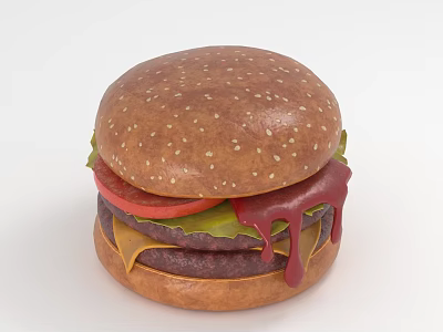Delicious Hamburger With Sesame Seed Bun Tomato Lettuce Cheese And Dripping Sauce 3d model