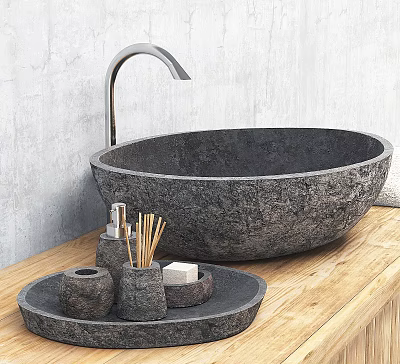 Black Stone Sink with Silver Faucet on Wooden Countertop and Stone Containers Against Gray Wall 3d model