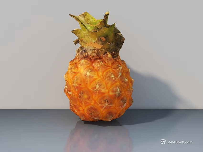 Fresh Ripe Pineapple With Green Leaves On Gray Surface With Reflection 3d model 