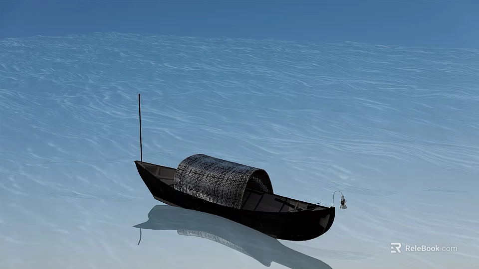 Traditional Wooden Boat Floating On Calm Water With Canopy And Reflection 3d model 