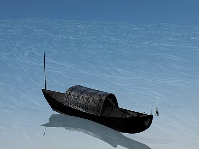 Traditional Wooden Boat Floating On Calm Water With Canopy And Reflection 3d model