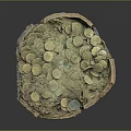 Ancient Coins Collection in Broken Pottery Bowl on Gray Base Display Stand