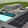 Modern Sales Office Building With Waterfront Location Landscaped Surroundings Trees And Glass Walls