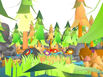 Vibrant Natural Scene With Colorful Trees Various Flowers Rocks Small Stream And Green Grass 3d model