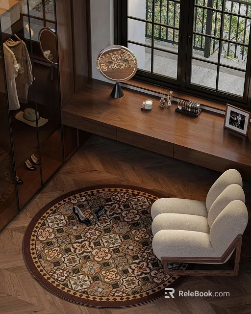 Stylish Round Rug on Herringbone Wooden Floor with Cream Armchair and Wooden Bench by Window 3d model 