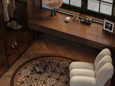 Stylish Round Rug on Herringbone Wooden Floor with Cream Armchair and Wooden Bench by Window 3d model