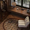 Stylish Round Rug on Herringbone Wooden Floor with Cream Armchair and Wooden Bench by Window