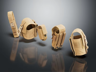 Multiple Beige Tactical Magazine Pouches With Various Shapes Straps And Buckles On Black Reflective Background 3d model