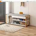 Entryway Storage Bench With Golden Frame And Gray Cushion Multiple Shoe Shelves For Organizing Footwear