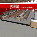 Red Themed Hotpot Restaurant Interior With Long Tables Orange Chairs And Lanterns