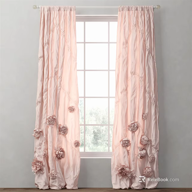 Elegant Pink Curtains with Rose Flower Embellishments Hanging on Home Window 3d model 
