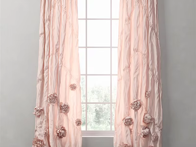 Elegant Pink Curtains with Rose Flower Embellishments Hanging on Home Window 3d model