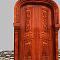 Wooden Double Doors With Intricate Carvings Flanked By Decorative Columns And Colorful Geometric Floor Tiles