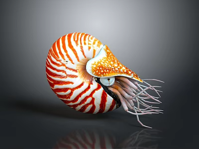 Nautilus Marine Animal With Spiral Striped Orange And White Shell And Tentacles 3d model