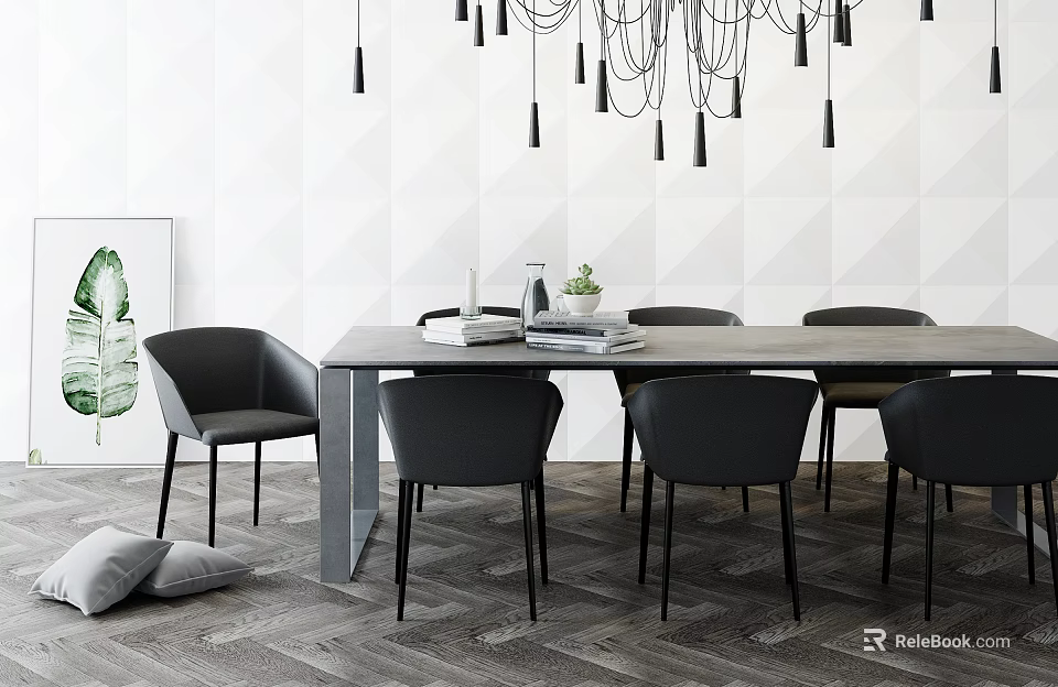 Modern Dining Table Set With Black Chairs Geometric Wall And Pendant Lights 3d model