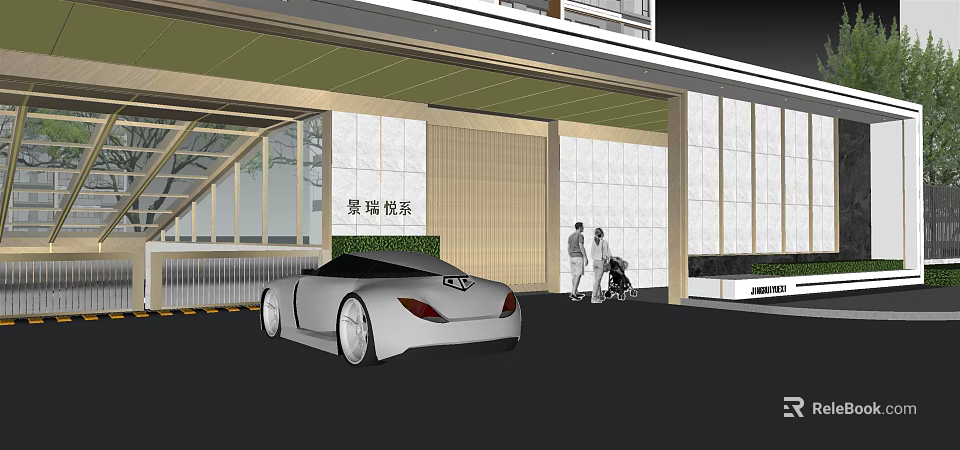 Modern Entrance Gate Design With Glass Facade Car And Pedestrians 3d model 