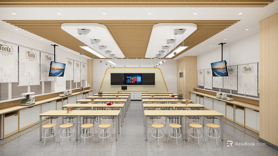School Modern Classroom With Multimedia Screens Desks Bright Lighting And Educational Setup 3d model 