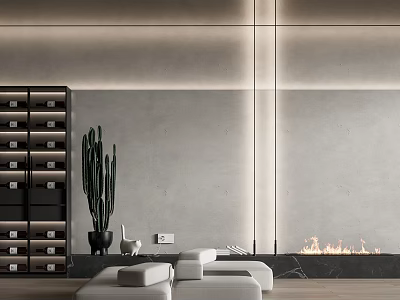 Modern Wall Lamp Illuminating Modern Interior With Gray Wall Fireplace And Cactus Plant 3d model