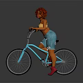 Red Haired Girl Riding Light Blue Bicycle Wearing Yellow Top And Blue Ripped Shorts