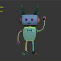 Blue 3D Robot Character With Black Horns Smiling Face Waving Hand And White Arms Legs