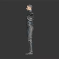 Character in Blue and Black Mechanical Armor Standing with Arms Outstretched Against Dark Background