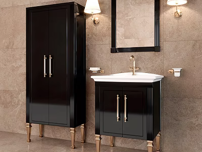 Elegant Black Bathroom Cabinet with Gold Handles Legs Mirror Sink and Wall Lamps Design 3d model