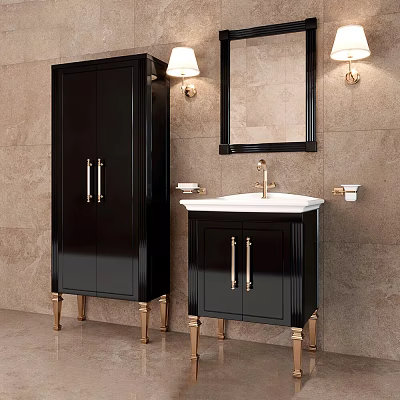 Elegant Black Bathroom Cabinet with Gold Handles Legs Mirror Sink and Wall Lamps Design 3d model