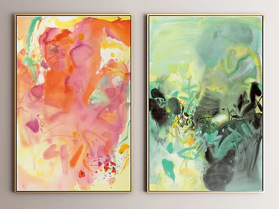 Two Framed Abstract Paintings With Vibrant Warm And Cool Color Tones 3d model