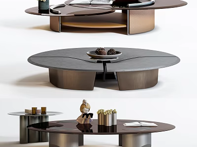Modern Round Coffee Table With Metal Frame And Decorative Elements Like Tray And Vase 3d model