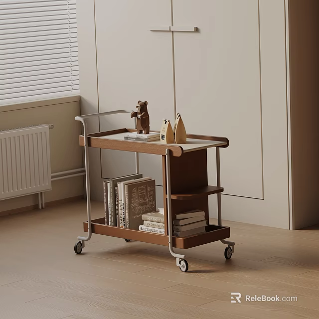 Minimalist Living Room Wheeled Side Table With Wooden Metal Frame And Books Decorative Objects 3d model 