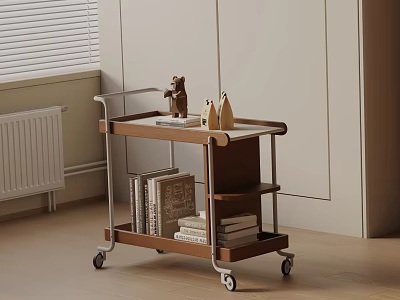 Minimalist Living Room Wheeled Side Table With Wooden Metal Frame And Books Decorative Objects 3d model