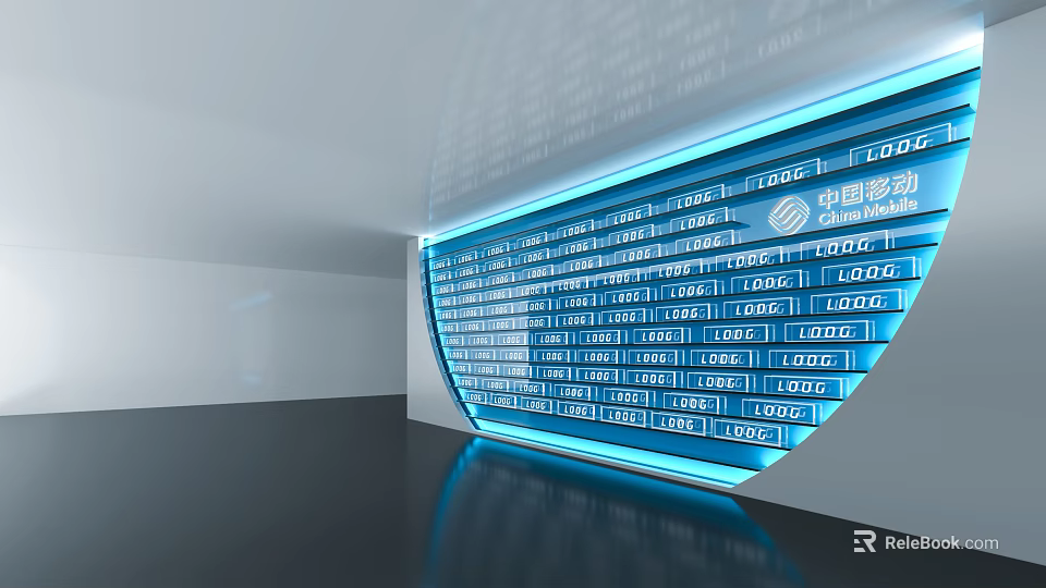 Exhibition Hall Culture Wall With Multiple Company Logos And Blue Lighting 3d model 