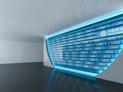 Exhibition Hall Culture Wall With Multiple Company Logos And Blue Lighting 3d model